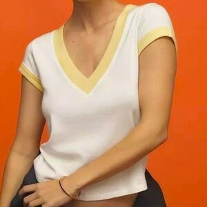 NWT Anthropologie Pilcro Boxy V-Neck T-shirt White & Yellow Short Sleeve